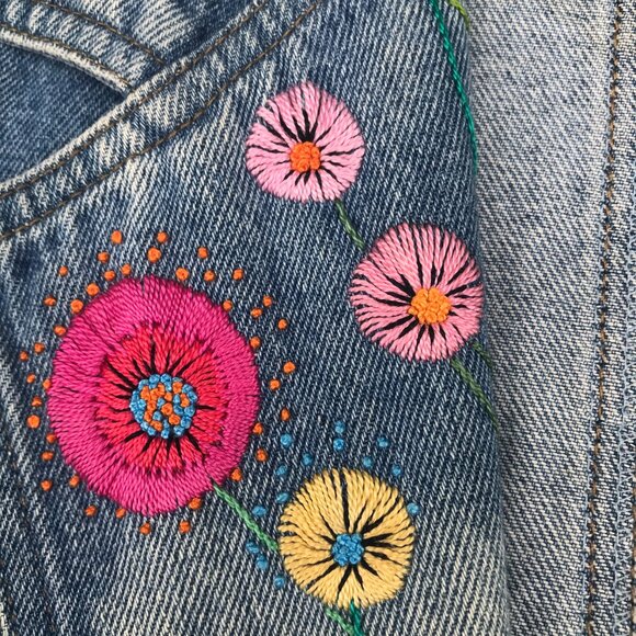 VTG Color Me Cotton Blue Denim Duster Coat Embroidered Flowers/ Buttons  L/XL - Picture 7 of 16